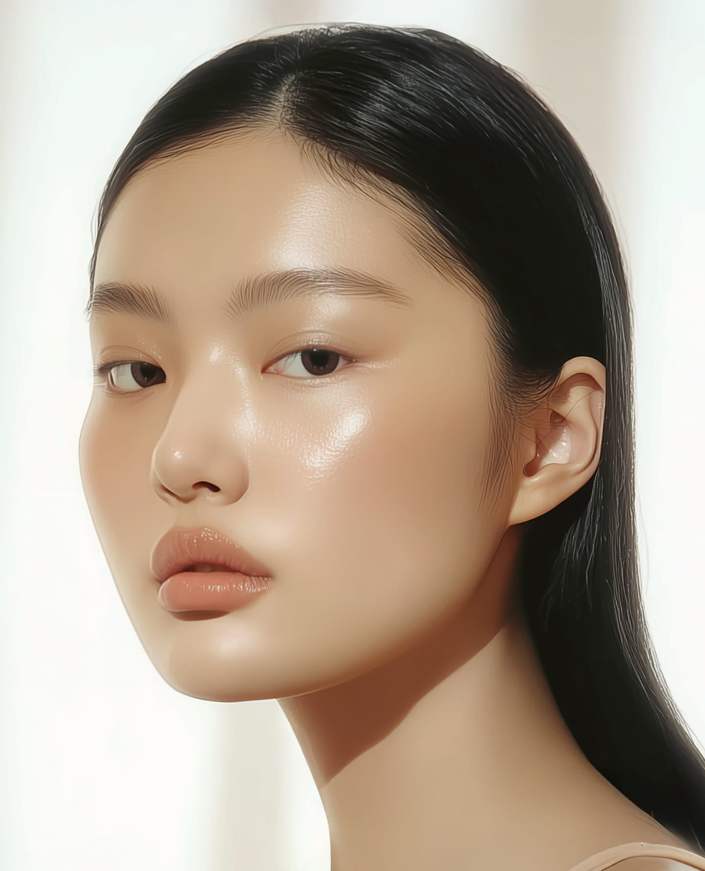 肌の質感が美しく際立つ、ナチュラルメイクの女性の顔アップ